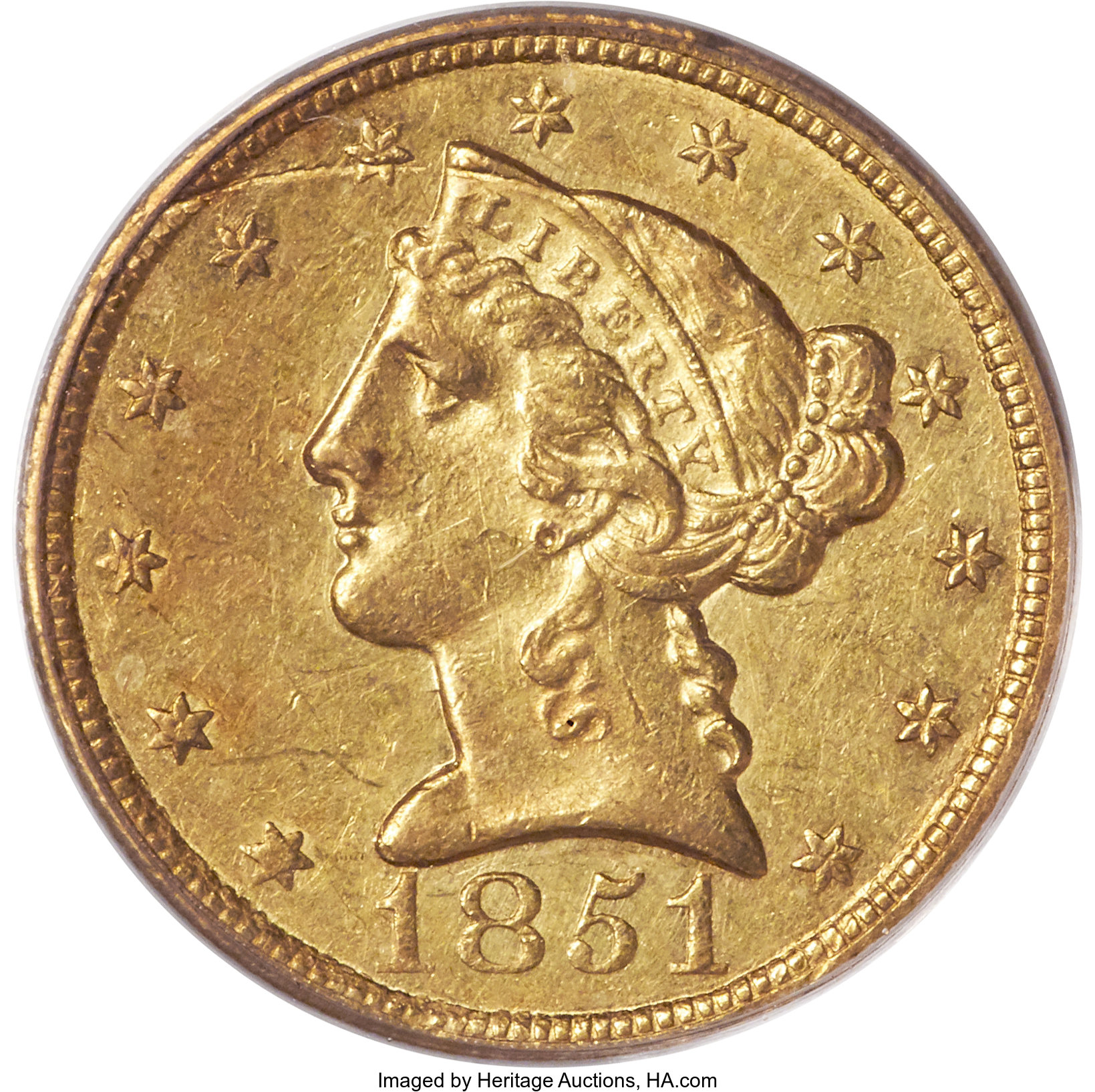 image for: 1851-C $5 AU50 PCGS. Variety 1, The Earring Variety....