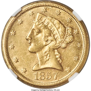 image for: 1857-D $5 AU58 NGC. Variety 42-HH....