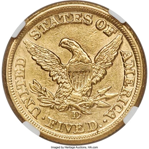 image for: 1857-D $5 AU58 NGC. Variety 42-HH....
