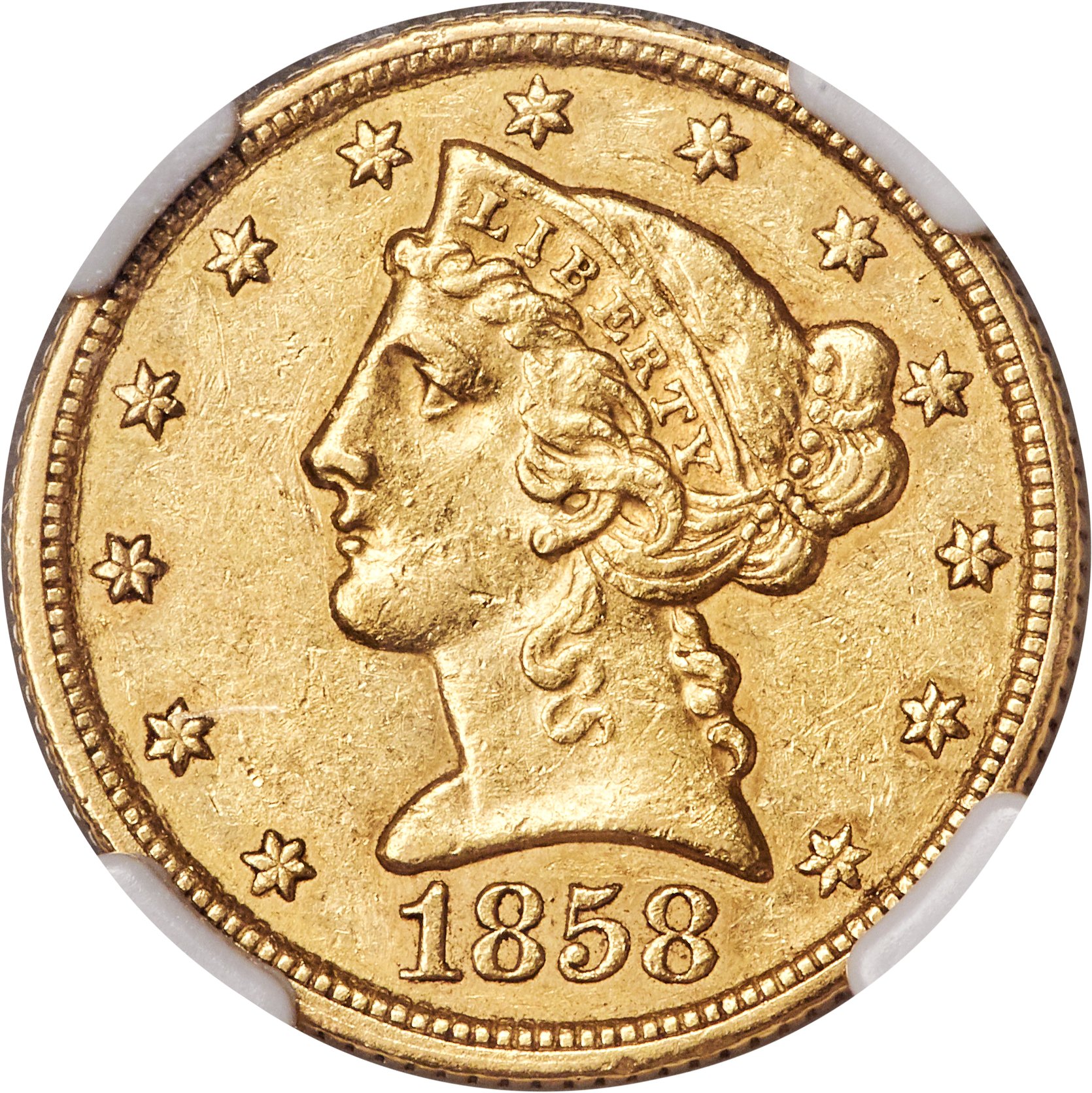 image for: 1858-C $5 AU55 NGC. Variety 2....