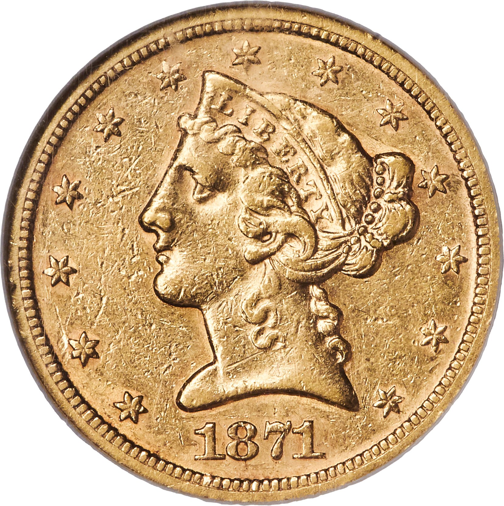 image for: 1871-S $5 AU55 NGC....