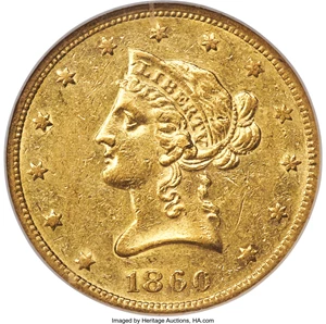 image for: 1860-O $10 AU58 NGC. Variety 2....