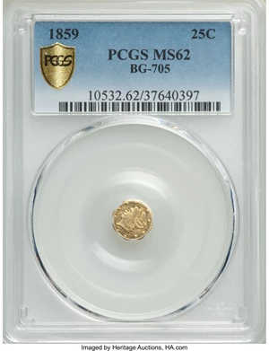 image for: 1859 25C Liberty Octagonal 25 Cents, BG-705, High R.6, MS62 PCGS. PCGS Population: (10/3 and 0/0+). NGC Census: (0/3 and 0/...