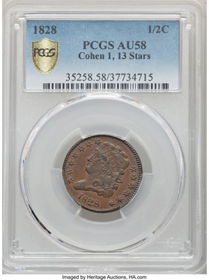 image for: 1828 1/2 C 13 Stars, C-1, B-1, R.2, AU58 PCGS....