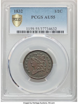 image for: 1832 1/2 C C-2, B-2, R.1, AU55 PCGS....