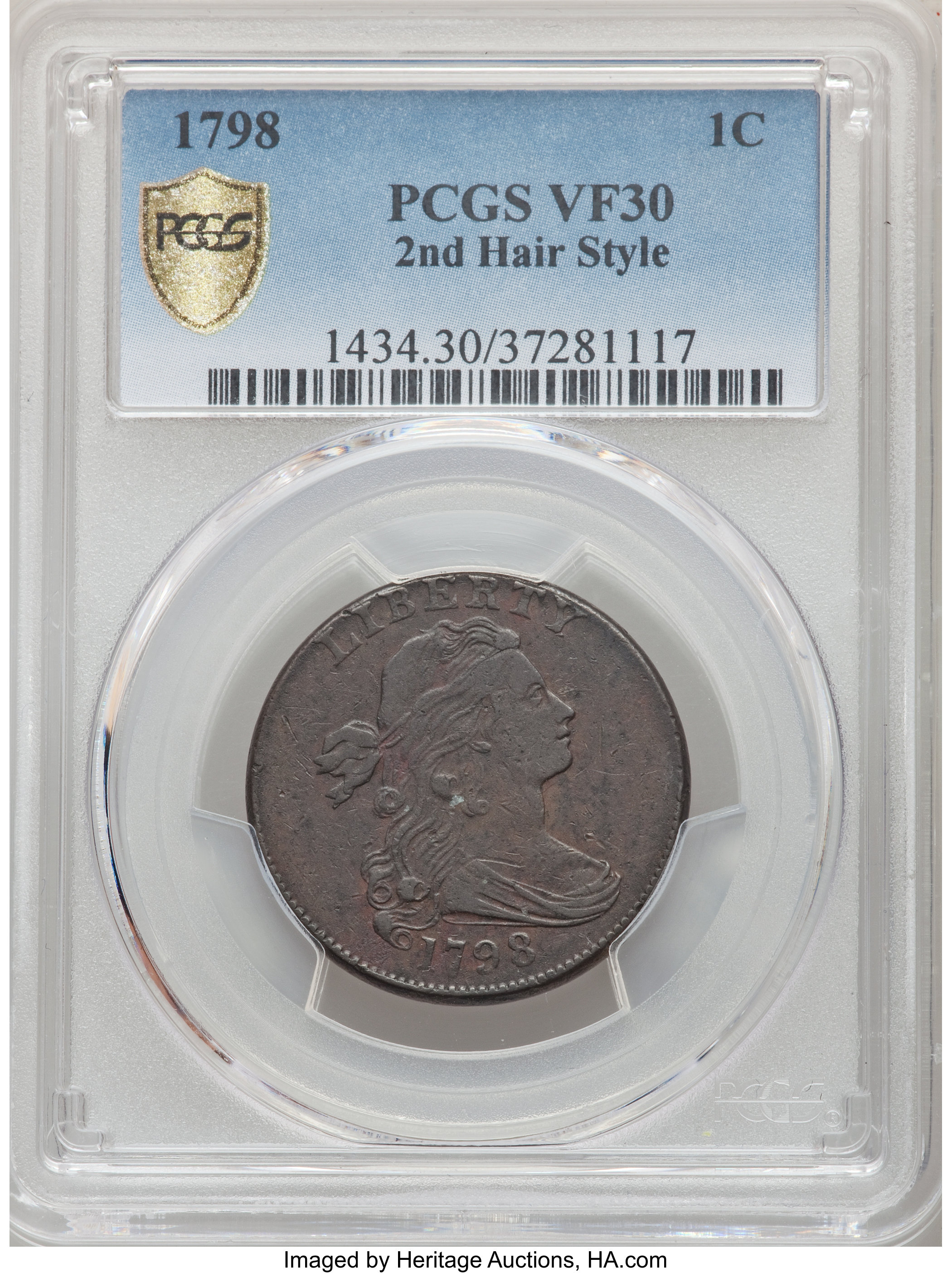 image for: 1798 1C Second Hair Style, S-182, B-43, R.4, VF30 PCGS....