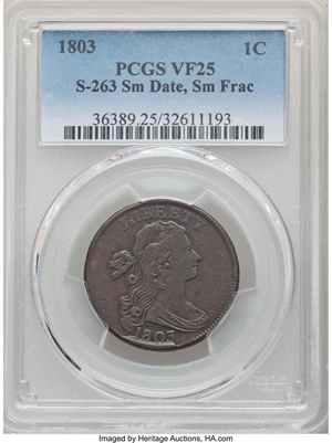 image for: 1803 1C Small Date, Small Fraction, S-263, B-22, R.3, VF25 PCGS....