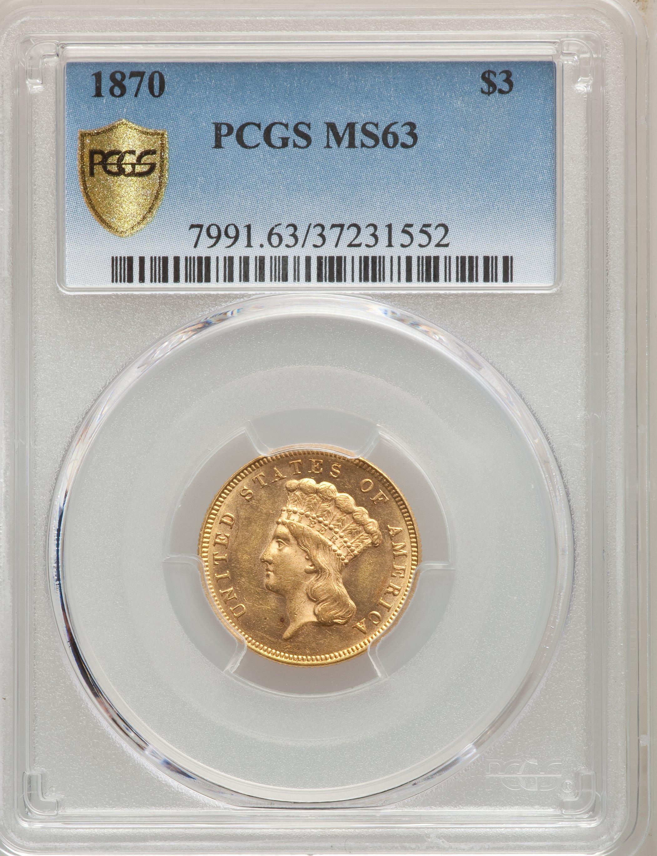1870 $3 MS63 thumbnail 6