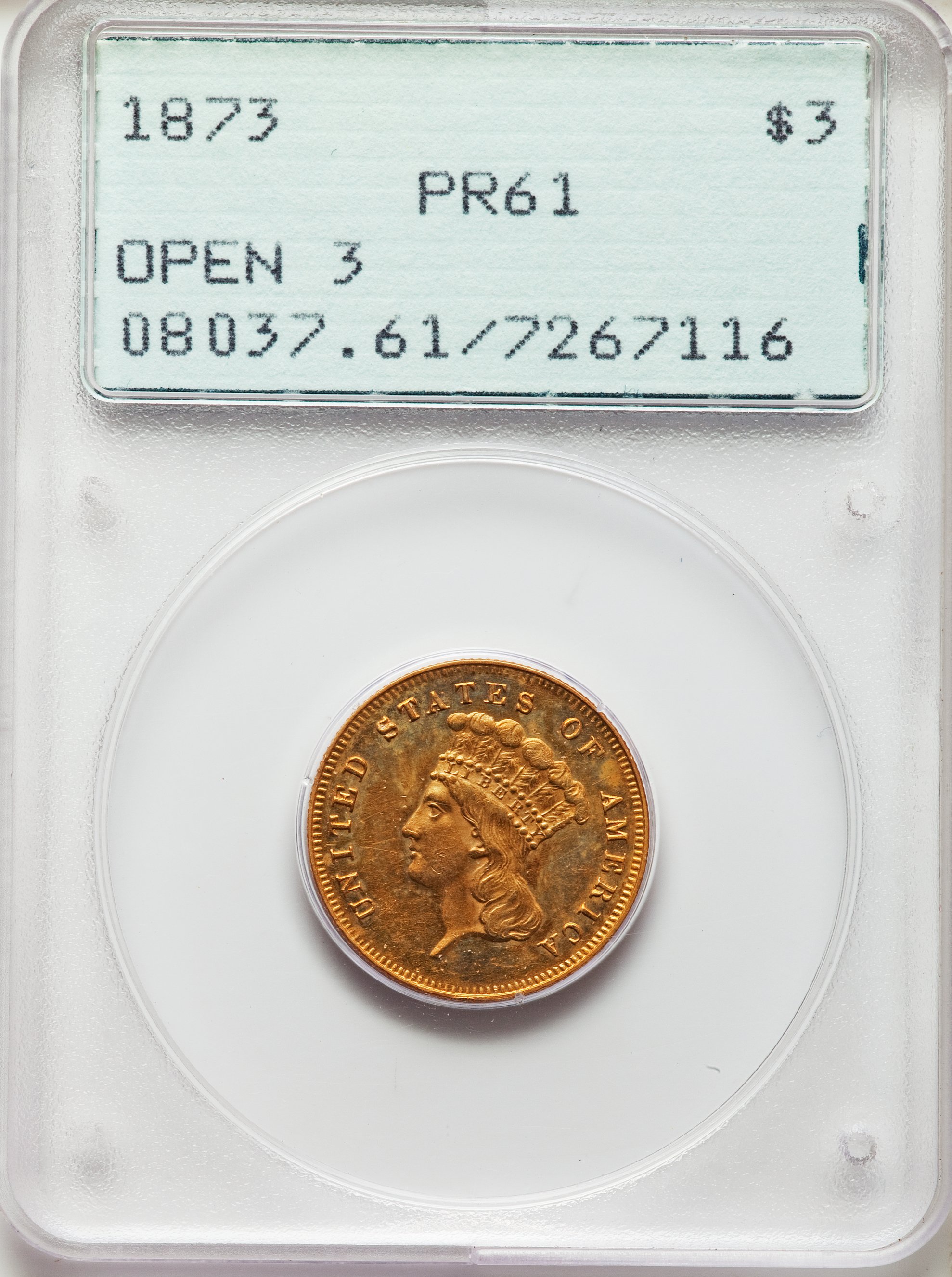 image for: 1873 $3 Open 3 PR61 PCGS. JD-1, Low R.7....