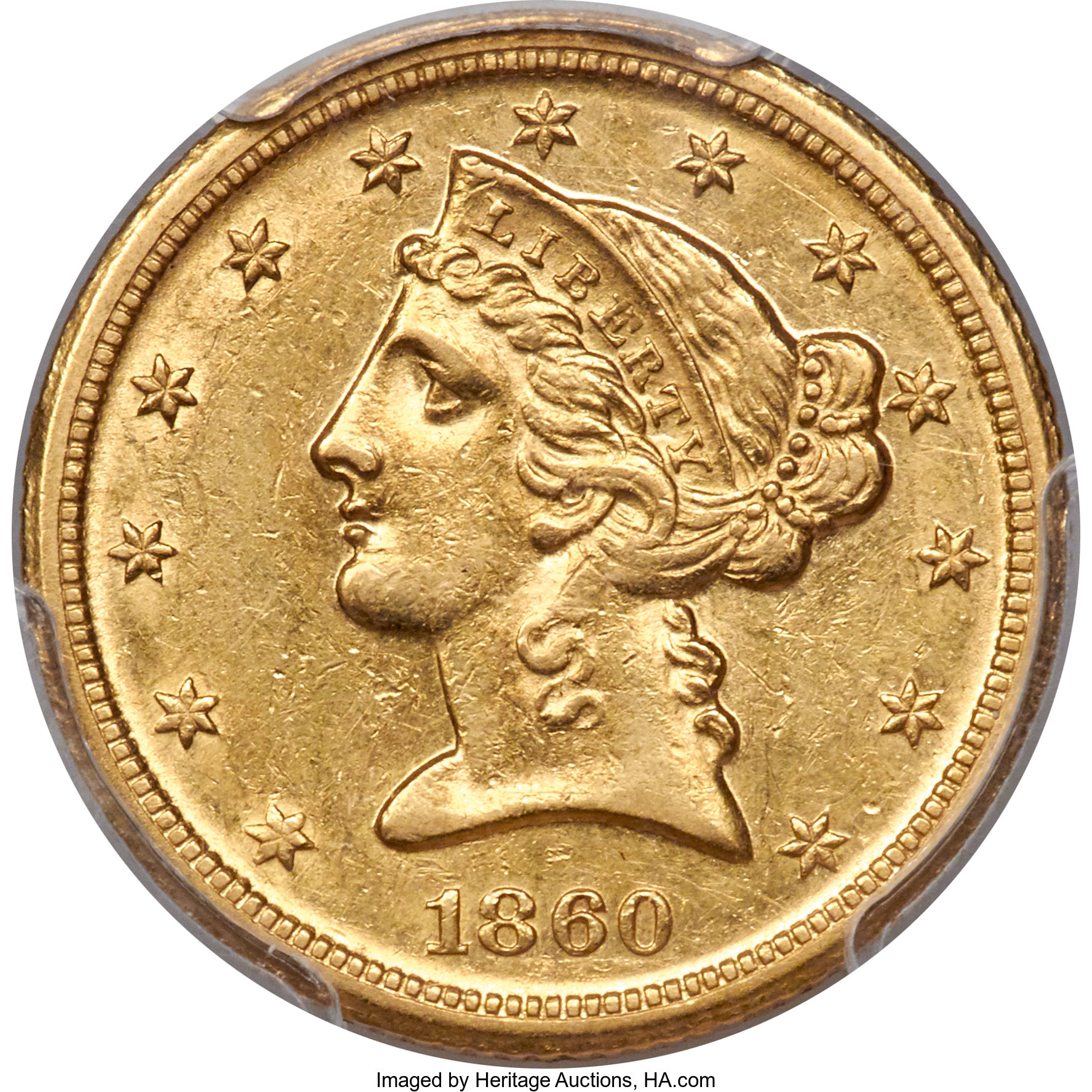 image for: 1860-D $5 Medium D AU58 PCGS. Variety 46-GG....