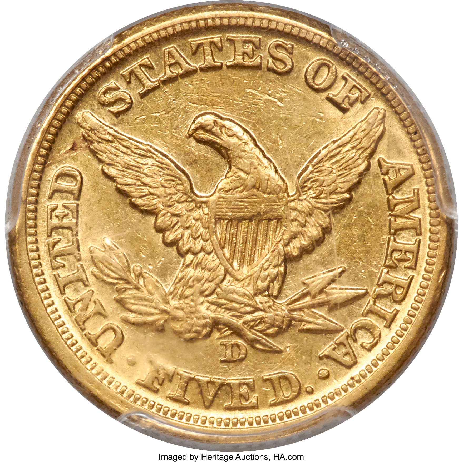 image for: 1860-D $5 Medium D AU58 PCGS. Variety 46-GG....