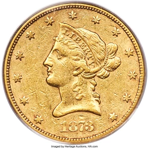 image for: 1873-CC $10 AU50 PCGS. Variety 2-A....