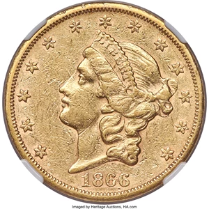 image for: 1866-S $20 No Motto AU50 NGC....