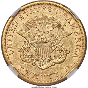 image for: 1866-S $20 No Motto AU50 NGC....