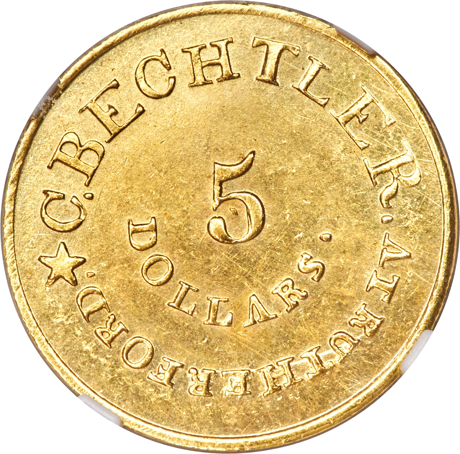image for: (1834-1837) $5 C. Bechtler Five Dollar, RUTHERFORD, Plain Edge, MS63 NGC. K-17, R.5....