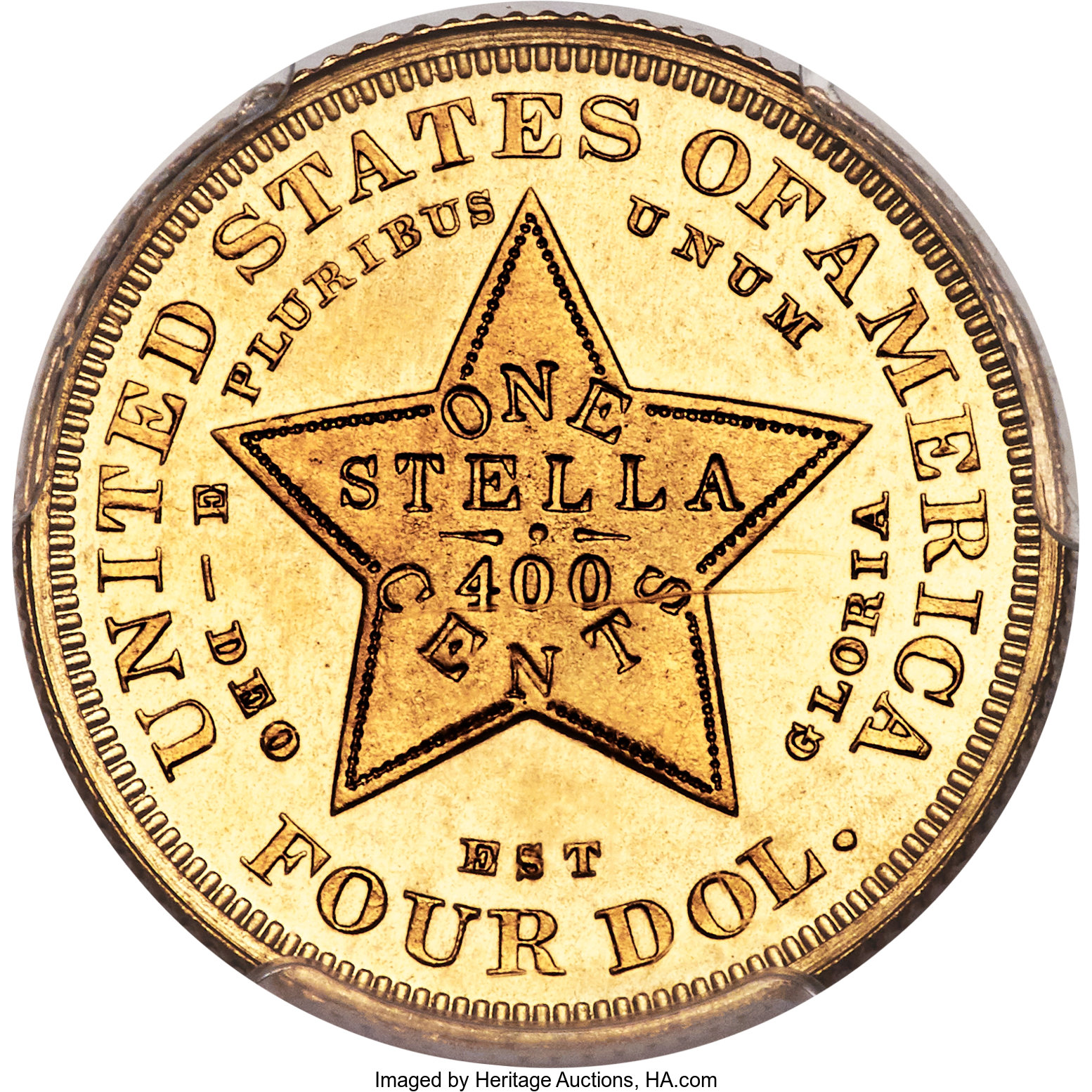 image for: 1880 $4 Flowing Hair Stella, Judd-1658a, Pollock-1858, High R.6, Copper, Reeded Edge, Gilt, PR63 PCGS....