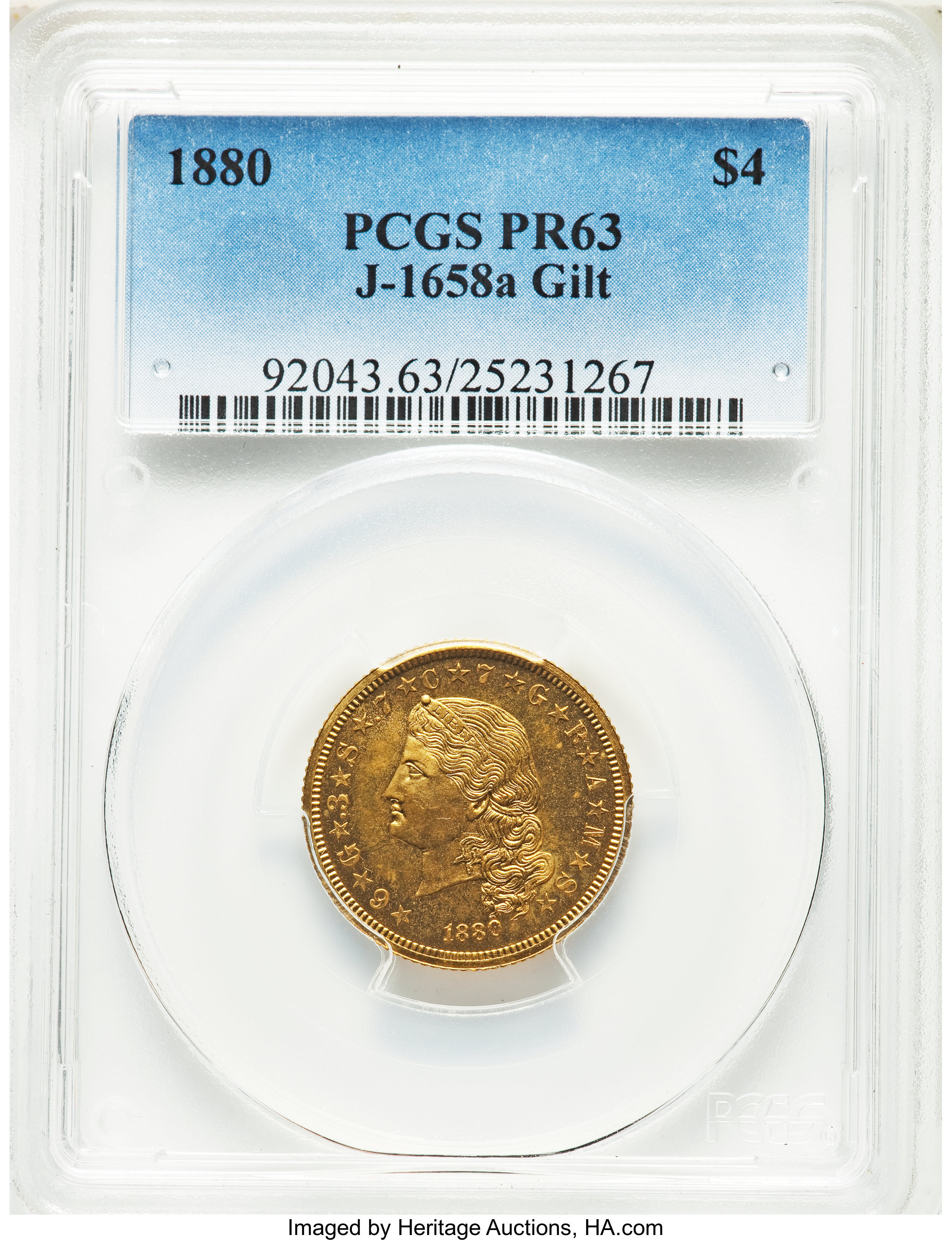 image for: 1880 $4 Flowing Hair Stella, Judd-1658a, Pollock-1858, High R.6, Copper, Reeded Edge, Gilt, PR63 PCGS....