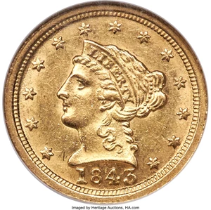 image for: 1843-C $2 1/2 Large Date, Plain 4, AU58 NGC. Variety 1....