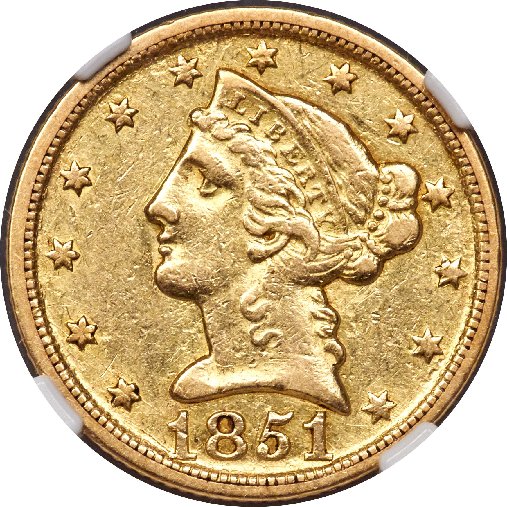 image for: 1851-D $5 AU50 NGC. Variety 31-U....