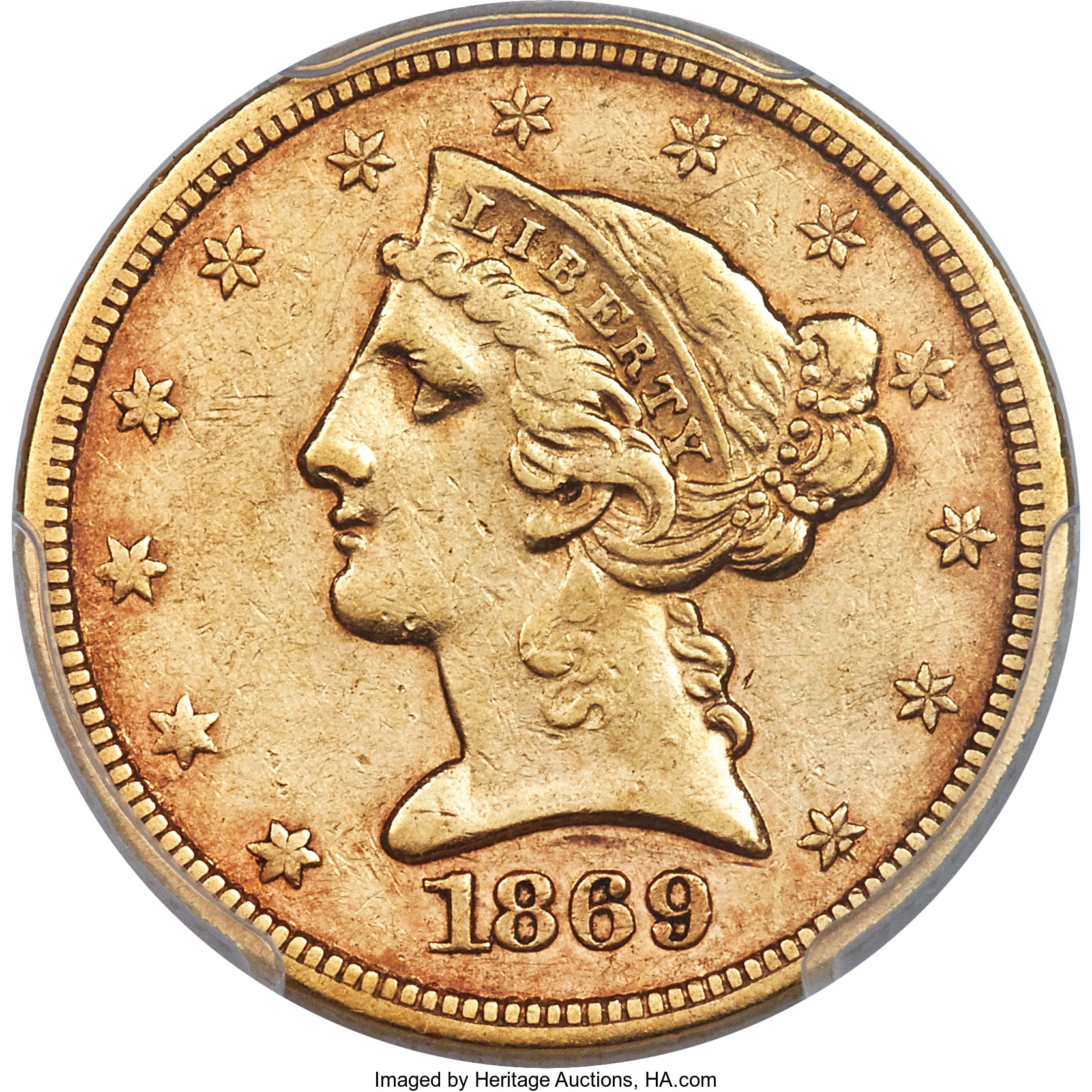 image for: 1869-S $5 AU50 PCGS....