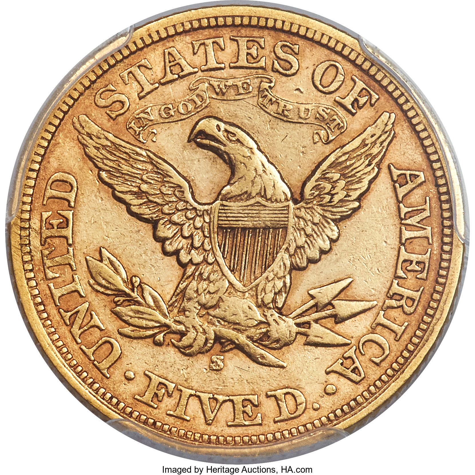 image for: 1869-S $5 AU50 PCGS....