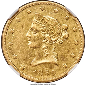 image for: 1860-O $10 AU55 NGC. Variety 2....