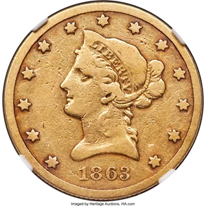 image for: 1863-S $10 VG10 NGC....