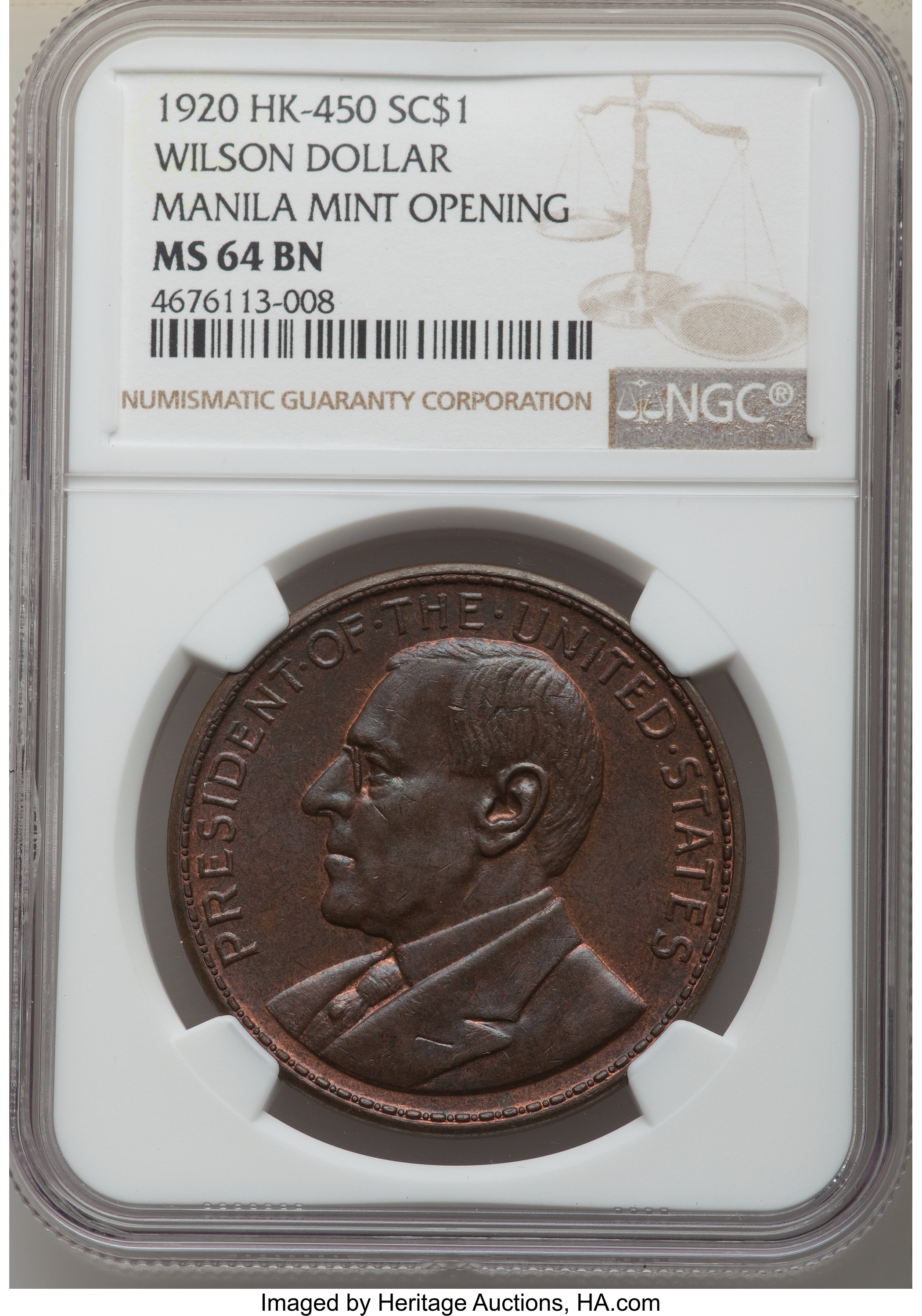 image for: 1920 Medal Manila Mint Opening, Wilson Dollar, Copper, HK-450, R.4, MS64 Brown NGC....