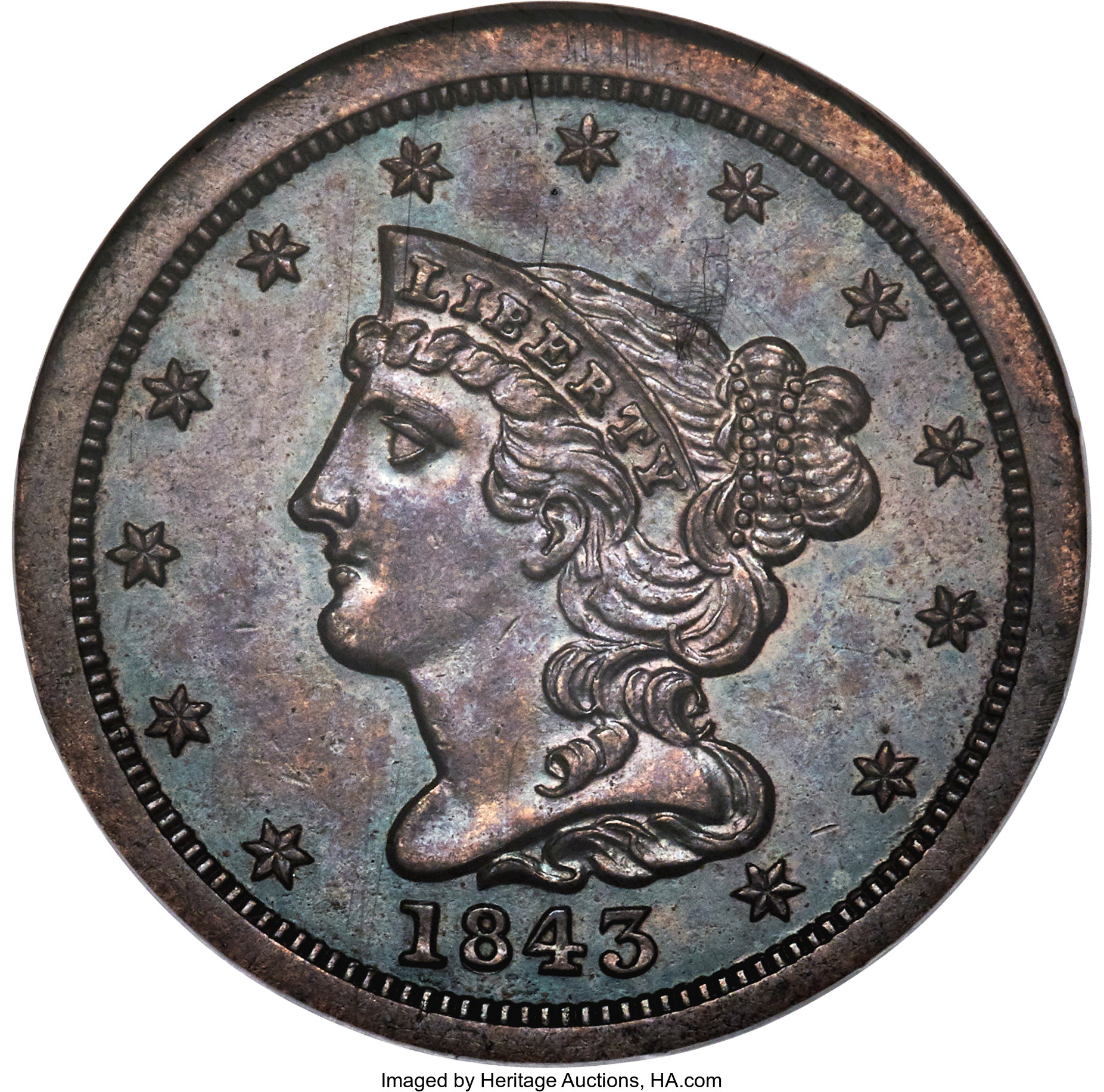 image for: 1843 1/2 C Original PR58 NGC. B-1a, R.6....