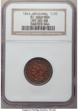 image for: 1844 1/2 C Original PR65 Red and Brown NGC. B-1, R.6....