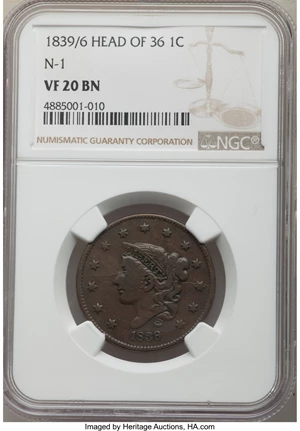 image for: 1839/6 1C Plain Cords, N-1, R.3, VF20 NGC....
