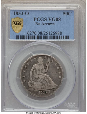 image for: 1853-O 50C No Arrows and Rays, Large O, VG8 PCGS. WB-NC-1, High R.7....