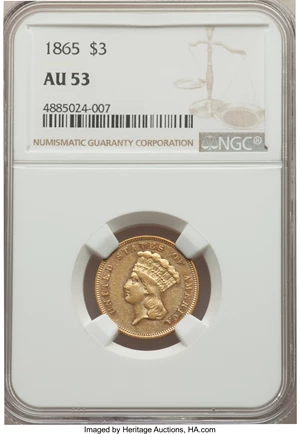 image for: 1865 $3 AU53 NGC....
