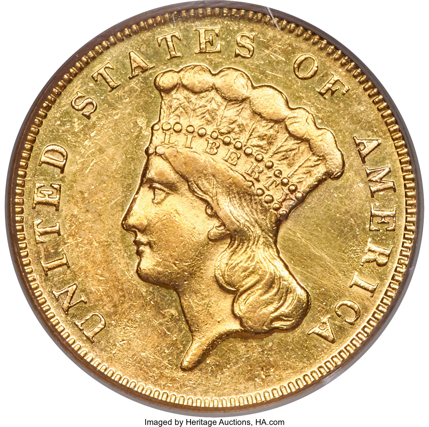 image for: 1873 $3 Closed 3 AU53 PCGS....