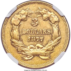 image for: 1877 $3 AU55 NGC....