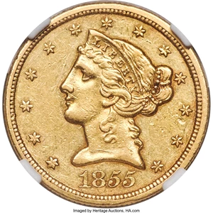 image for: 1855-O $5 AU53 NGC. Variety 1. ...