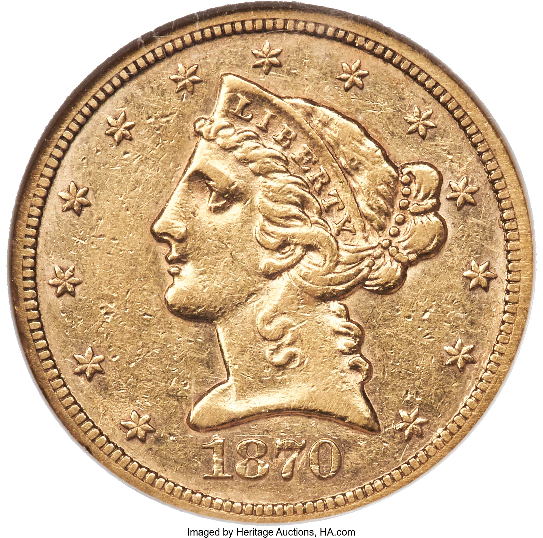 image for: 1870-S $5 AU50 NGC....