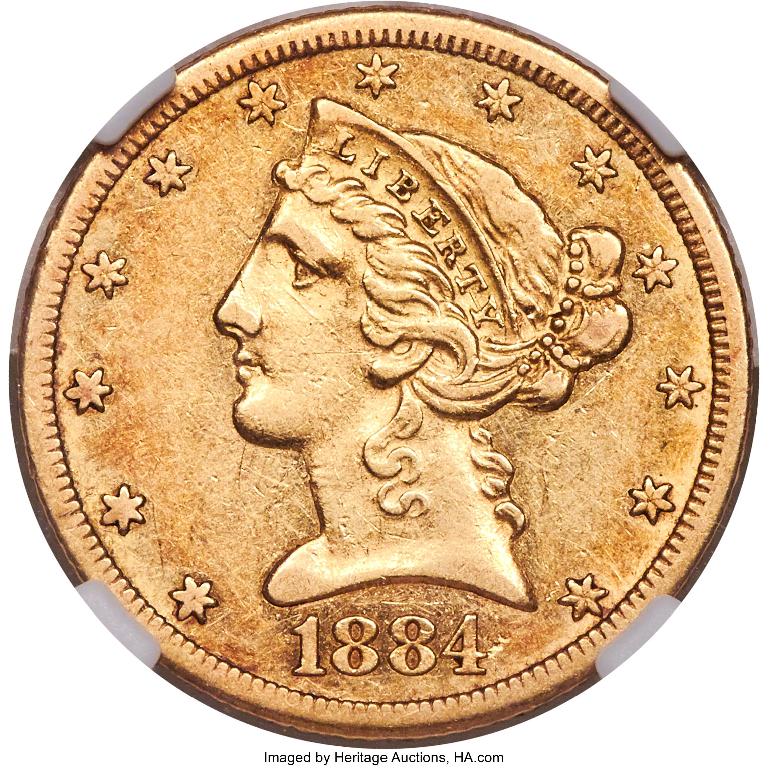 image for: 1884-CC $5 AU50 NGC. Variety 1-A....