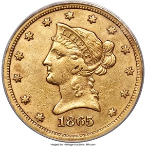 image for: 1865-S $10 865 Over Inverted 186 XF45 ANACS....