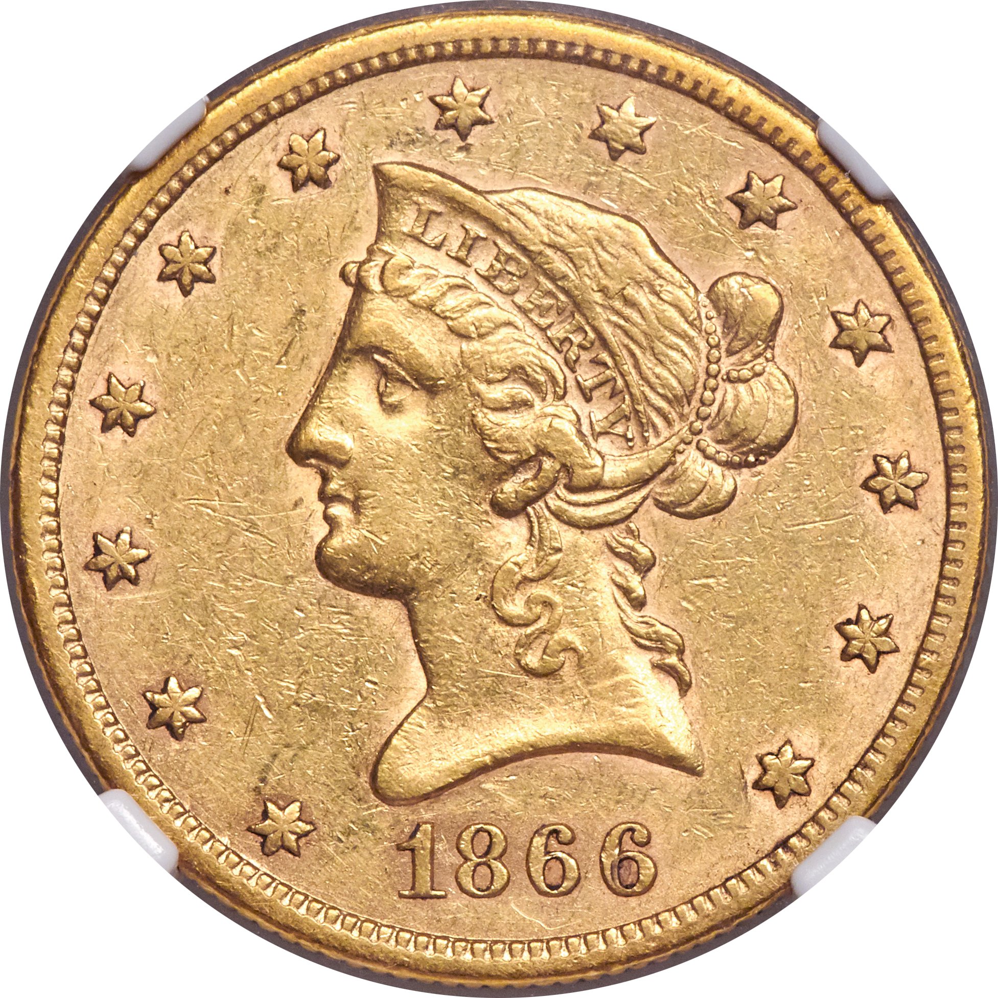 image for: 1866-S $10 Motto AU50 NGC....