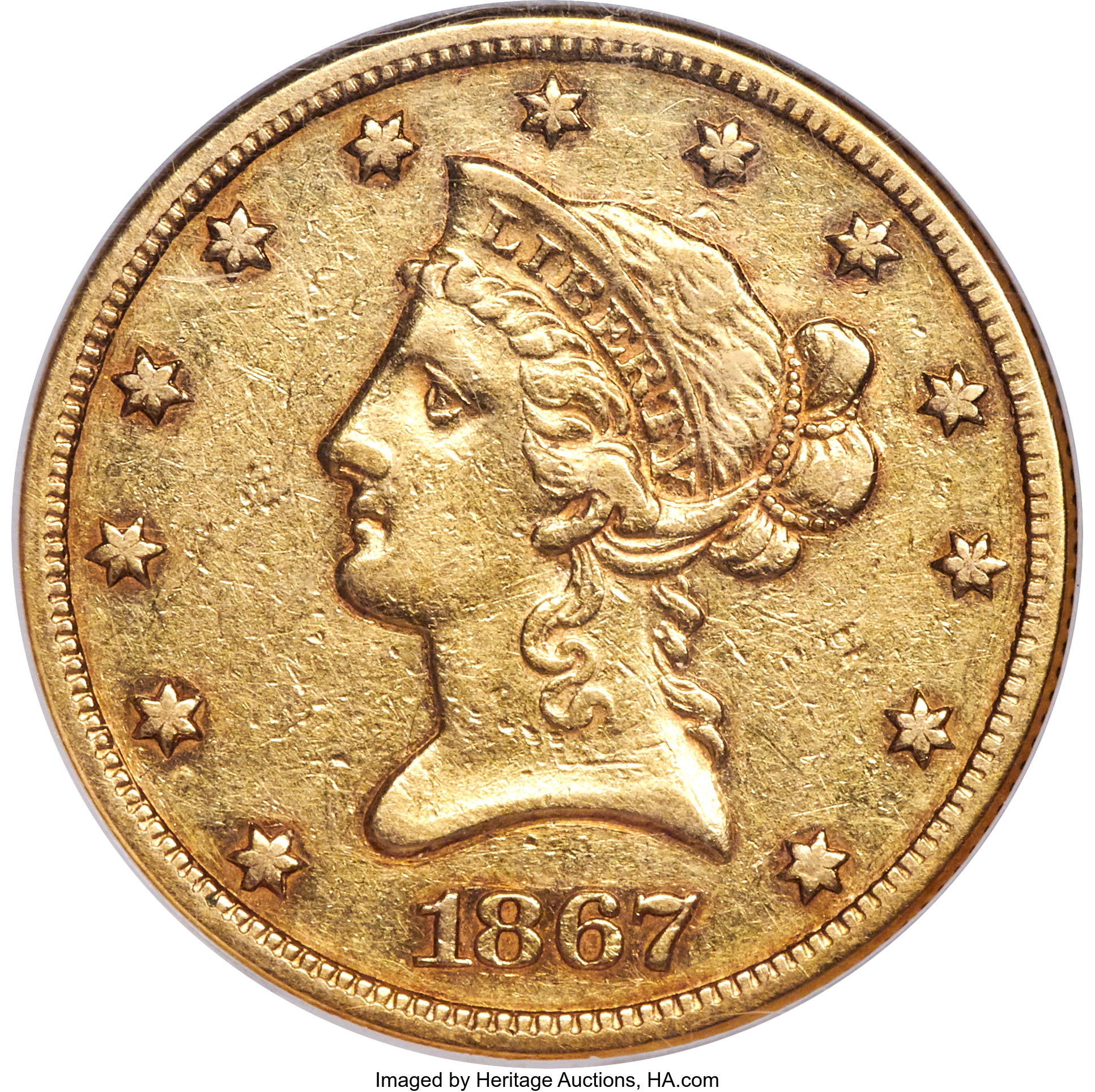 image for: 1867 $10 AU50 NGC....