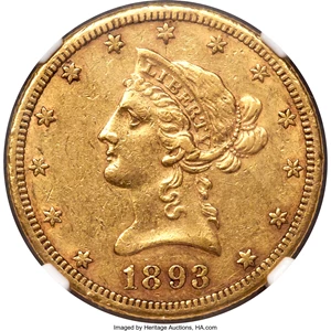 image for: 1893-CC $10 AU55 NGC. Variety 1-A....