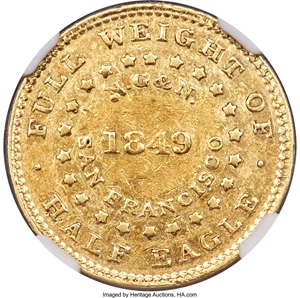 image for: 1849 $5 Norris, Gregg, & Norris Five Dollar, Plain Edge, AU55 NGC. K-2, R.5....