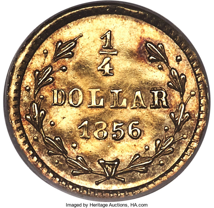 image for: 1856 25C Liberty Round 25 Cents, BG-228, R.7, AU58 NGC....