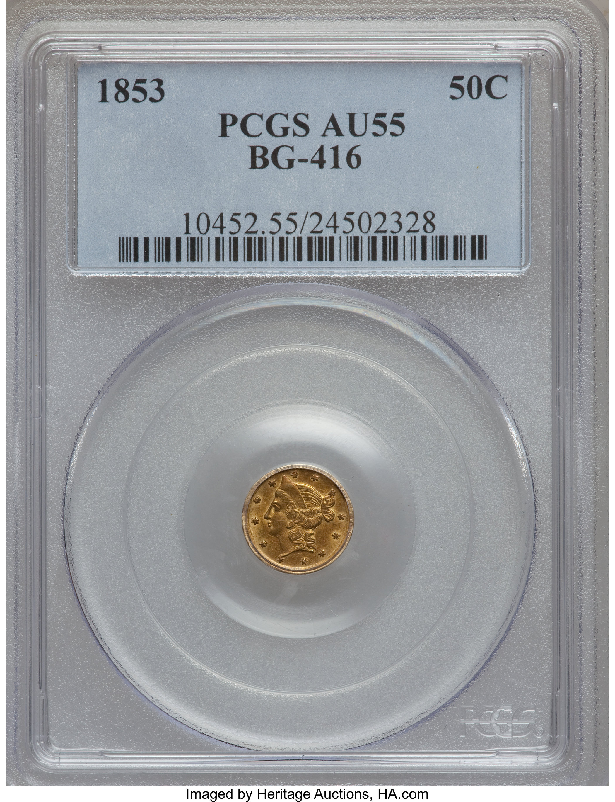 image for: 1853 50C Liberty Round 50 Cents, BG-416, Low R.7, AU55 PCGS....