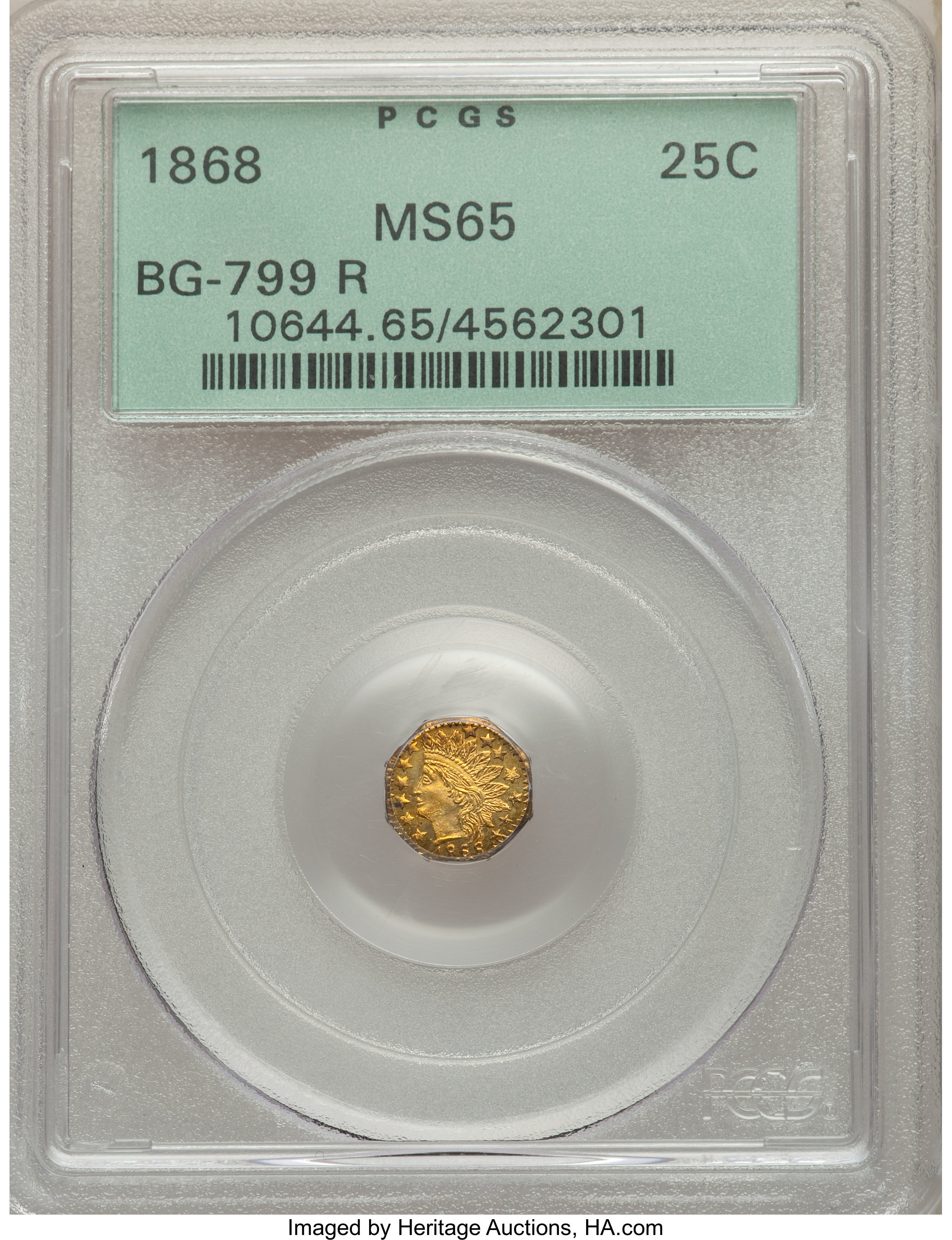 image for: 1868 25C Indian Octagonal 25 Cents, BG-799R, R.7, MS65 PCGS....