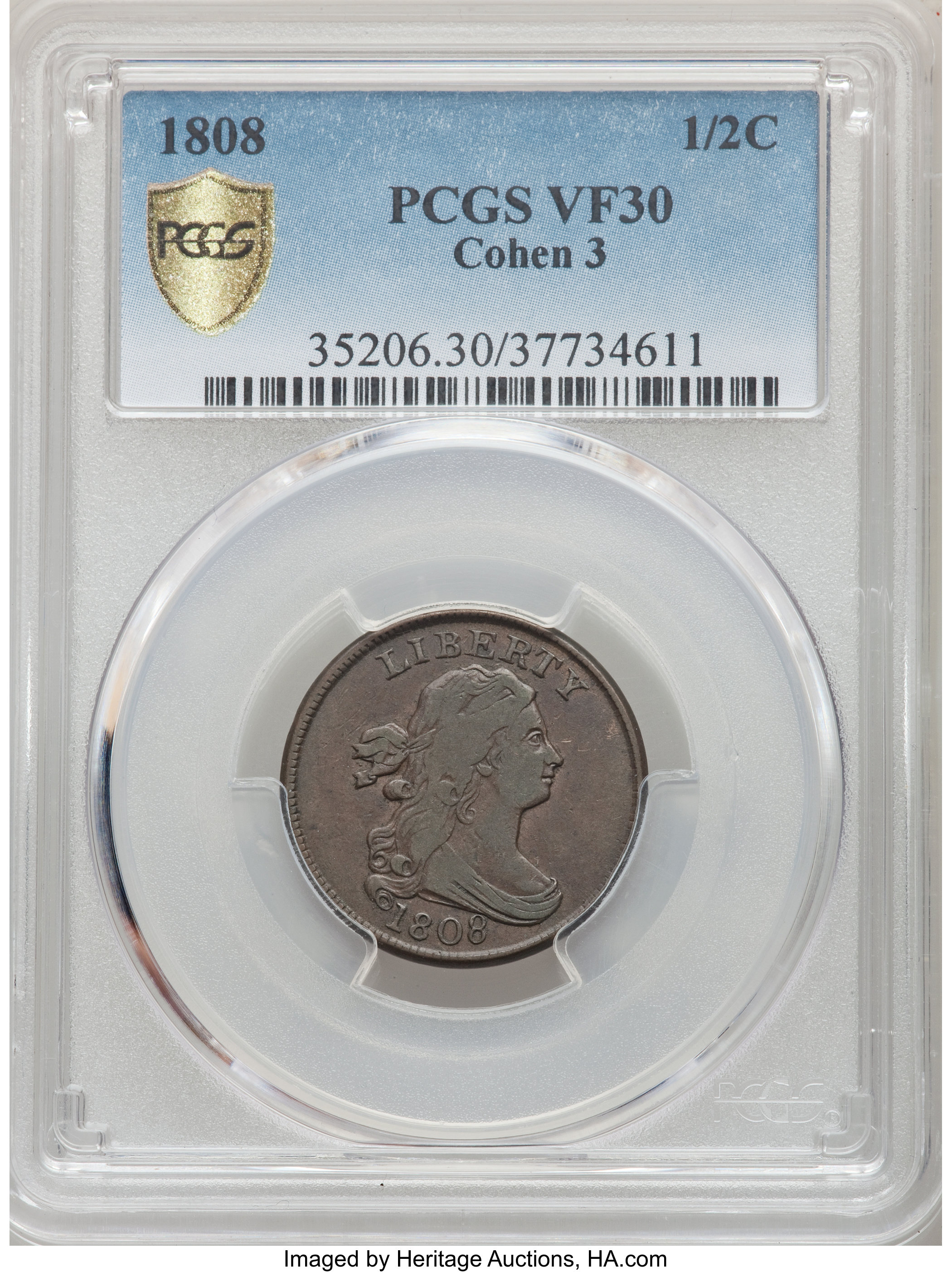 1808 1/2 C C-3, B-3, R.1, VF30 PCGS. Our EAC grade VF20. Manley Die State 2.0. From The Mark Hays Collection of Ha...