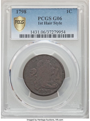 image for: 1798 1C First Hair Style, S-161, B-22, R.2, Good 6 PCGS....