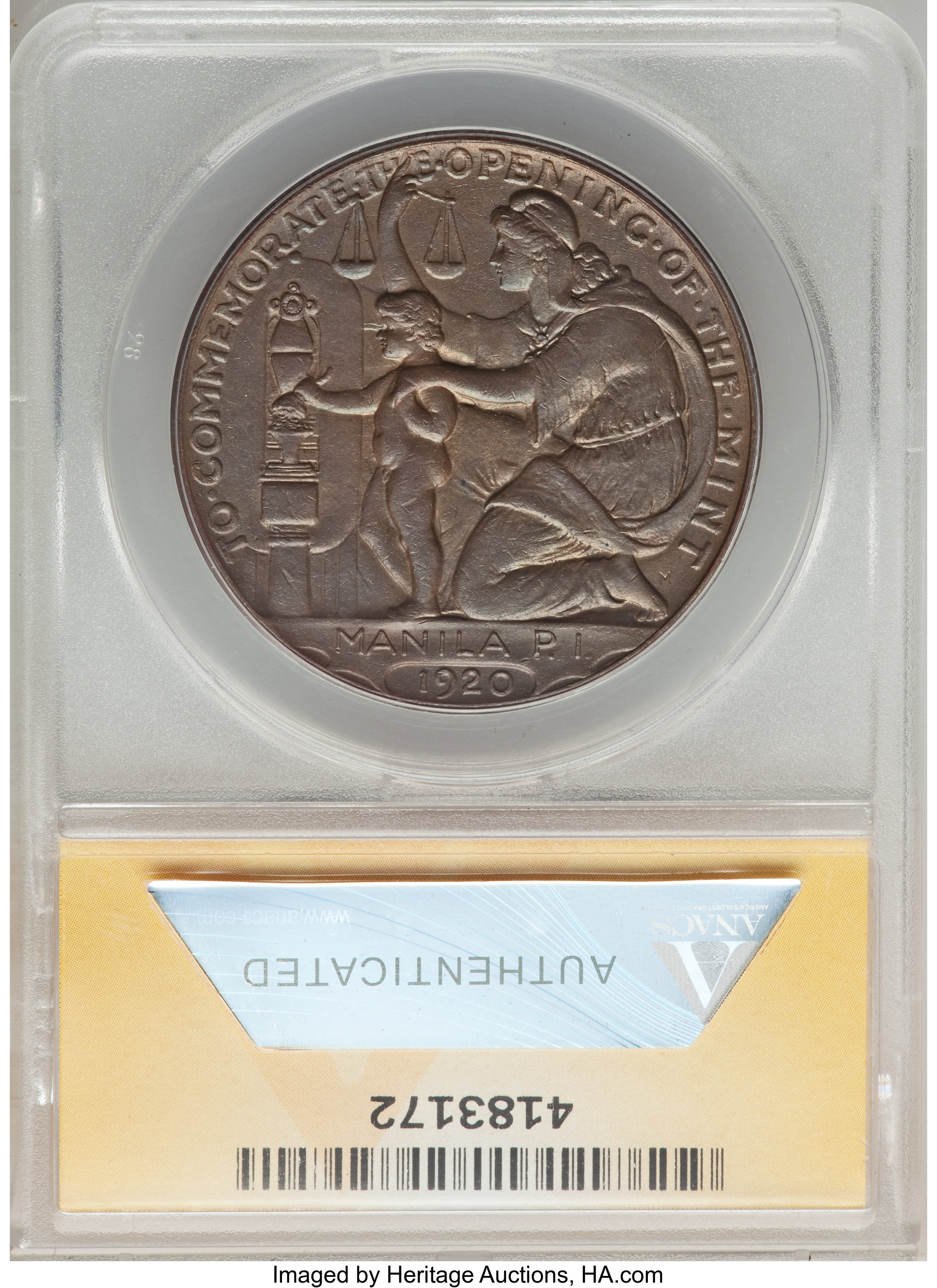 image for: 1920 Medal Manila Mint Opening, Wilson Dollar, Copper, HK-450, R.4, MS62 Brown ANACS.From The Poulos Family Collectio...