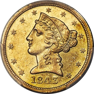 image for: 1843-D $5 Medium D AU58 PCGS. Medium D, Variety 10-G....